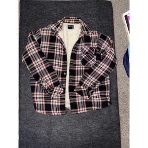 Billabong Jacket Mens L Black Plaid Sherpa Lined Flannel Snap Front Winter
